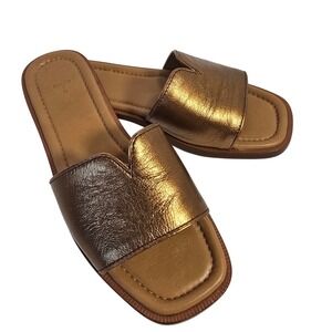Tecovas Womens Metallic Bronze Leather Slide Sandals Square Toe V-Notch Flat